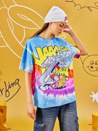 TOM & JERRY X SHEIN Damen lässiges Oversized T-Shirt mit Cartoon- und Buchstabendruck in Batik-Optik mit Raglanärmeln, sommerliches Grafik T-Shirt