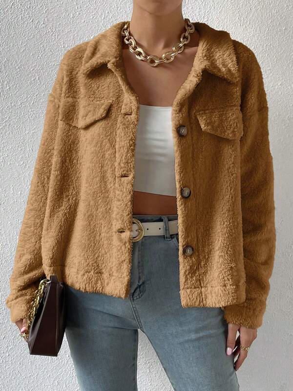 SHEIN Essnce Casual Solid Color Fleece Jacket, Autumn/Winter
