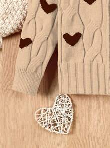 SHEIN Young Girl Cute Heart Pattern Textured Knitted Cardigan, Kids Heart Cardigan, Toddler Girl Cardigan, Baby Girl Knit Cardigan, Cute Heart Sweater, Brown Knit Cardigan - Khaki - View 3
