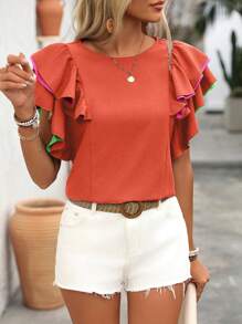 SHEIN LUNE Women's Casual Multi-Color Ruffle Sleeve Blouse - Burnt Orange - View 6
