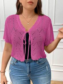 SHEIN Essnce Plus Size V-Neck Ruffled Hem Hollow Tie Front Knitted Short Sleeve Cropped Cardigan - Hot Pink - View 6