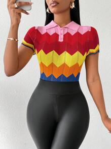 SHEIN Lady 彩虹条纹短袖女式毛衣 2024 秋季服装女式上衣 - 彩色 - 查看 5