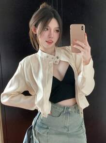 DAZY 女士纯色简约休闲长袖夹克外套，秋季服装