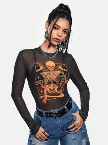 Eljasssss Blusa casual de mujer artista con cuello redondo, estampado de calavera en malla, en negro, estilo Y2K, urbano, oscuro, para Halloween, salidas, festivales, estilo occidental
