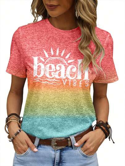 EMERY ROSE Summer Casual Gradient Letter Printed Short Sleeve T-Shirt