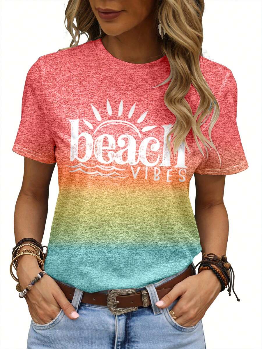 EMERY ROSE Summer Casual Gradient Letter Printed Short Sleeve T-Shirt - Pink - View 1