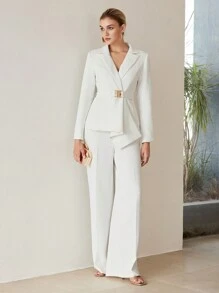 MOTF PREMIUM 纯色尖领垂褶下摆系腰带西装外套 - 白色 - 查看 4