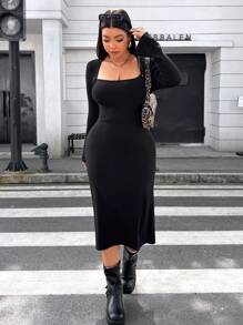 Flirla Plus Size Women's Solid Color Swan Neck Long Sleeve Maxi Sweater Dress, Autumn Winter - Black - View 4