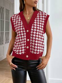 Muchica Spring Houndstooth Print Vest Jacket Without Blouse - Burgundy - View 6