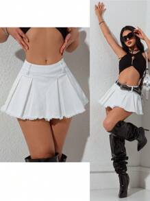 Jeanoix Women's Frayed Hem Pleated Design Chic Denim Skirt - White - View 6