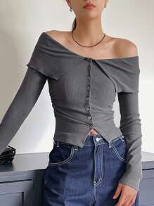 DAZY Women's Solid Color Off-Shoulder Buttoned Collared T-Shirt, Casual Daily Wear