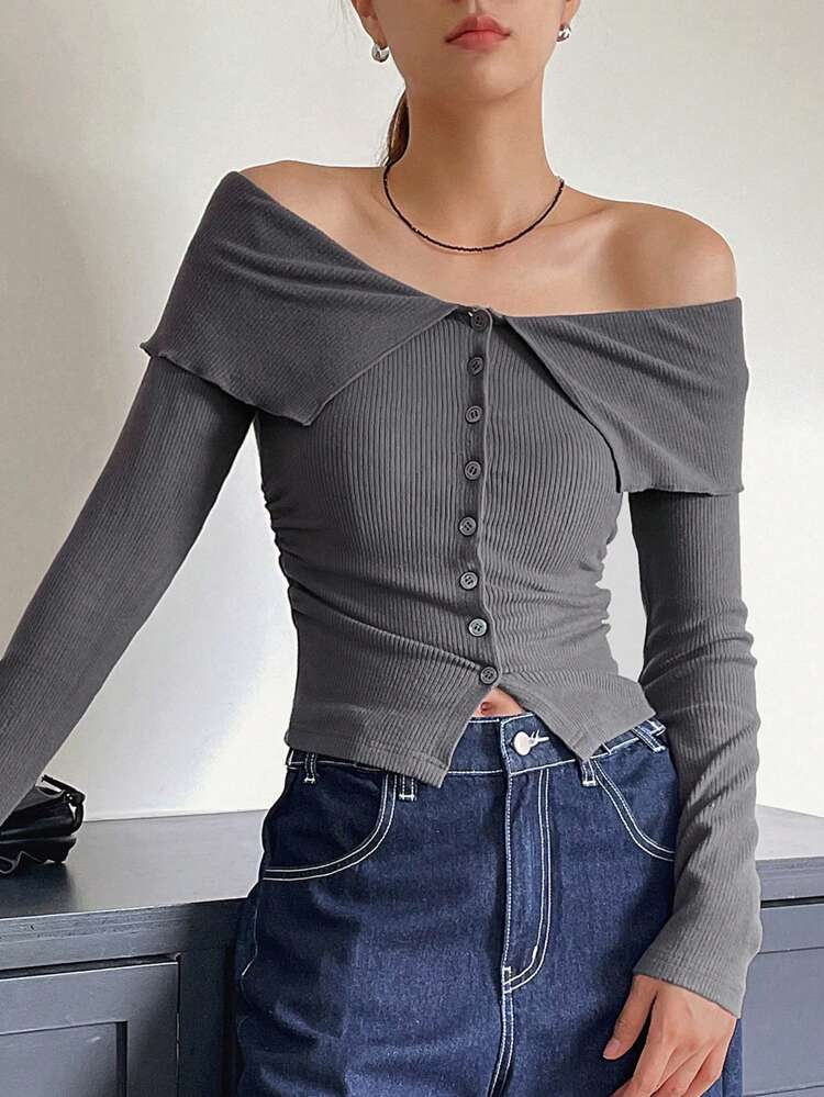 Women's Solid Color Off-Shoulder Buttoned Collared T-Shirt, Casual Daily Wear Long Sleeve Women Tops