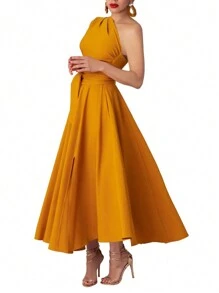 女士纯色不对称肩部鸡尾酒礼服，夏季