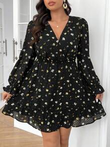 SHEIN Frenchy French Minimalist Ditsy Floral Loose Knee-Length Dress,Beach Dress Sundress,Holiday Outfits Boho - Black - View 7