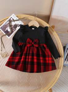 SHEIN Leap Crew Baby Girl Cute Plaid Patchwork Long Sleeve Knit Dress, Christmas Party Outfit - Black - View 1