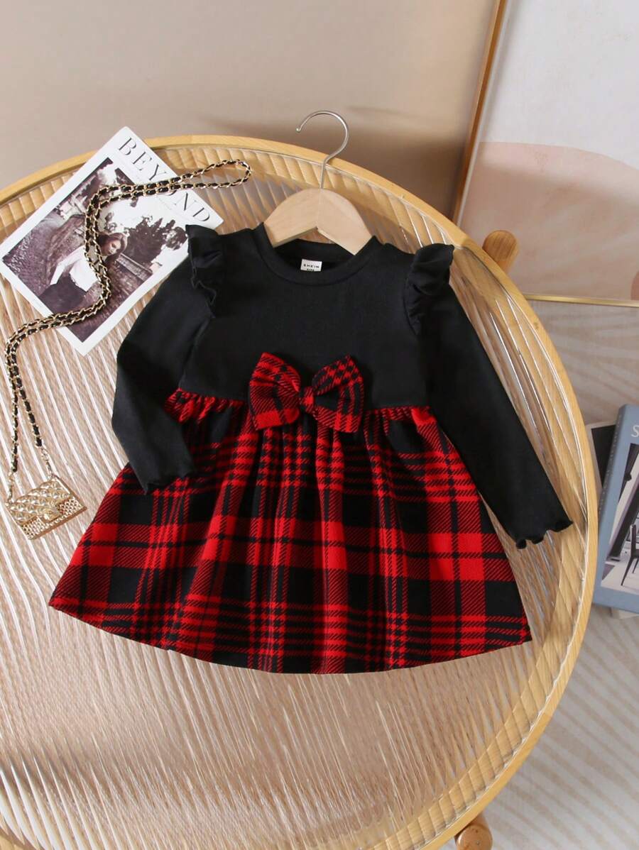 SHEIN Leap Crew Baby Girl Cute Plaid Patchwork Long Sleeve Knit Dress, Christmas Party Outfit - Black - View 1
