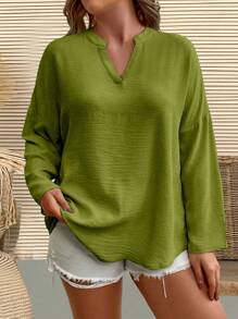EMERY ROSE Blusa holgada de mangas largas con cuello en V y hombros caídos para mujeres tallas grandes, para primavera y verano