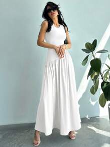 SHEIN Privé 女式无袖褶皱腰圆领白色长裙 - 白色 - 查看 6