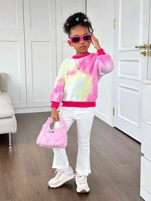 年轻女孩宽松圆领蓬松扎染图案运动衫 - 彩色 - 查看 7