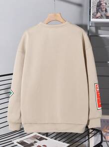 SHEIN 青少年男孩休闲英文徽标印花保暖内衬圆领运动衫，米色，适合秋季、冬季、保暖、学校、居家、日常、运动、生日派对、外出、百搭且简约