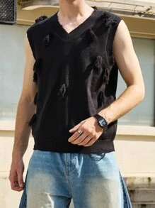 Manfinity Roghcode 男士 V 领无袖针织绒球设计休闲宽松背心 - 黑色 - 查看 6