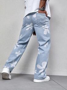 Manfinity Homme Nam Họa Tiết Chân Thẳng Quần Jean Baggy Dài Rửa Sạch Jean Hàng Hóa Đồ Họa Đồng Bằng Màu Xanh Đảng Ngộ nghĩnh Cặp Đôi Phù Hợp - Rửa trung bình - Xem 2