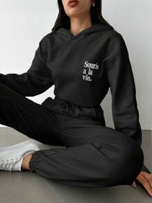 EURMUSE 字母刺绣落肩连帽衫 - 黑色 - 查看 5