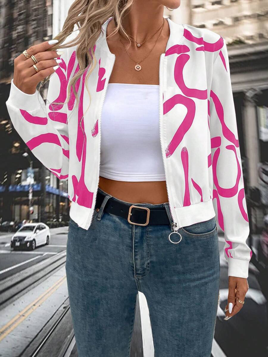 SHEIN LUNE Baseball Collar Full Printed Zipper Long Sleeve Jacket Fall Winter Cloth For Women - Pink - View 1