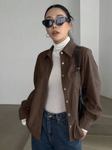 DAZY Áo sơ mi nhung kẻ tay dài cổ bẻ rộng rãi cho nữ, áo phông trơn màu, quần áo nữ mùa thu - Cà phê nâu - Xem 3