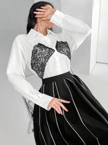 Modelyn Chemise à manches longues pour femmes avec patchwork en dentelle de couleurs contrastées, décontractée, pour le printemps et l'automne - Blanc - Voir 4