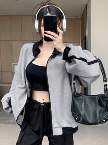 DAZY 女款休閒拼色拼接保暖內裡運動衫，秋冬長袖上衣，女裝外套拉鍊式校園風 - 灰色 - 查看 7