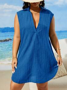 SHEIN Swim Curve Vestido de playa de verano holgado, sin mangas, de cuello vuelto y unicolor, para vacaciones, tallas grandes para mujeres - Azul - Ver 4