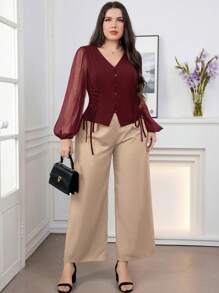 Modelyn 勃艮第红色加大码女式春夏网眼撞色灯笼袖系带优雅衬衫 - 酒紅色 - 查看 5