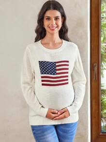 SHEIN Maternity Women 4th Of July American Flag Pattern Round Neck Casual Long Sleeve Sweater, For Winter - White - View 4