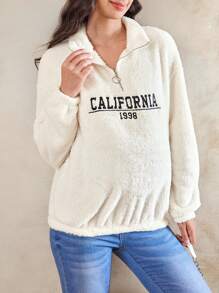 SHEIN Maternity Embroidered Zipper Up Loose Long Fuzzy Sweatshirt, For Winter - Apricot - View 5