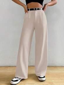 SHEIN EZwear Women Solid Color Toothpick Straight Loose Casual Trousers - Apricot - View 3
