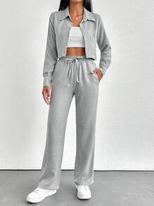ZIRRA Conjunto de 2 piezas de camisa de manga larga de unicolor y pantalones casuales para mujer - Gris - Ver 5