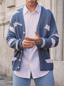 SHEIN Cottnline Cotton Men Cloud Pattern Regular Cardigan - Blue and White - View 6
