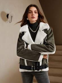 Anewsta Chaqueta de mujer con bloqueo de color en contraste y - Verde militar - Ver 4