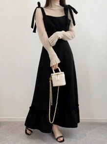 FRIFUL 2pcs Women's Solid Color Elegant Tie Fitted Soft Top And Skirt,Ruffle