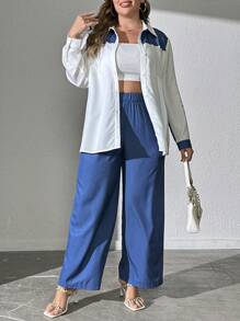 Mulvari Plus Size Spring/Fall Casual Contrast Color Spliced Long Sleeve Shirt And Pants Set