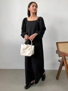 FRIFUL Women's Square Neck Lantern Sleeve Solid Color Dress, Summer