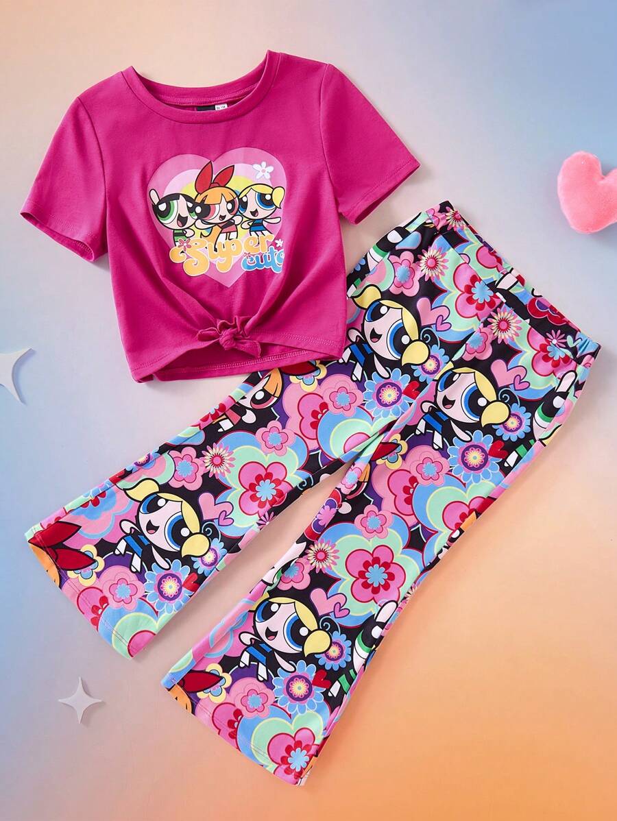 THE POWERPUFF GIRLS X SHEIN 2pcs Young Girl Cartoon Print Knot Hem Short Sleeve T-Shirt And Flare Leg Pants Outfit