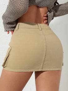 SHEIN PETITE Women's Casual Denim Cargo Pocket Skirt Y2k - Khaki - View 2