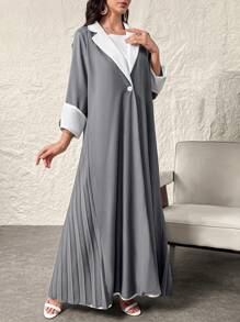 Al Najma Women's Contrast Color Blazer Collar Long Sleeve Pleated Loose Arabian Robe Abaya - Dark Grey - View 7