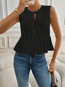 SHEIN Frenchy Top de tirantes de mujer con textura, anudado y atado, con volante en el bajo - Negro - Ver 5