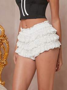 SHEIN Unity Lace Ruffle Trim Tiered Mini Skort - White - View 6