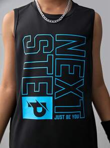 SHEIN Tween Boy Knitted Printed Vest With Slanted Pockets And Drawstring Shorts Sports Two-Piece Set - Black - View 4