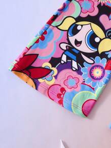 THE POWERPUFF GIRLS X SHEIN 2pcs Young Girl Cartoon Print Knot Hem Short Sleeve T-Shirt And Flare Leg Pants Outfit