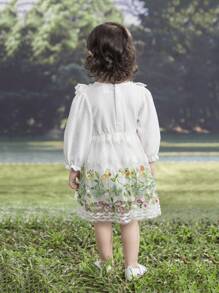 嬰幼女寶寶優雅可愛風格紋理布料蕾絲裝飾開背紗網條邊連衣裙 - 白色 - 查看 2